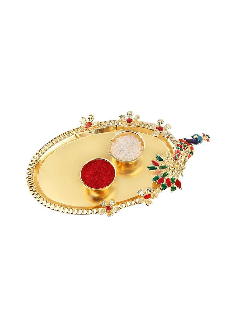 Unisex Set Of 2 Rakhis With Roli Chawal 1 Greeting Card And Pooja Thali
