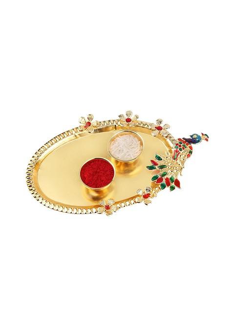 Unisex Set Of 2 Rakhis With Roli Chawal 1 Greeting Card And Pooja Thali