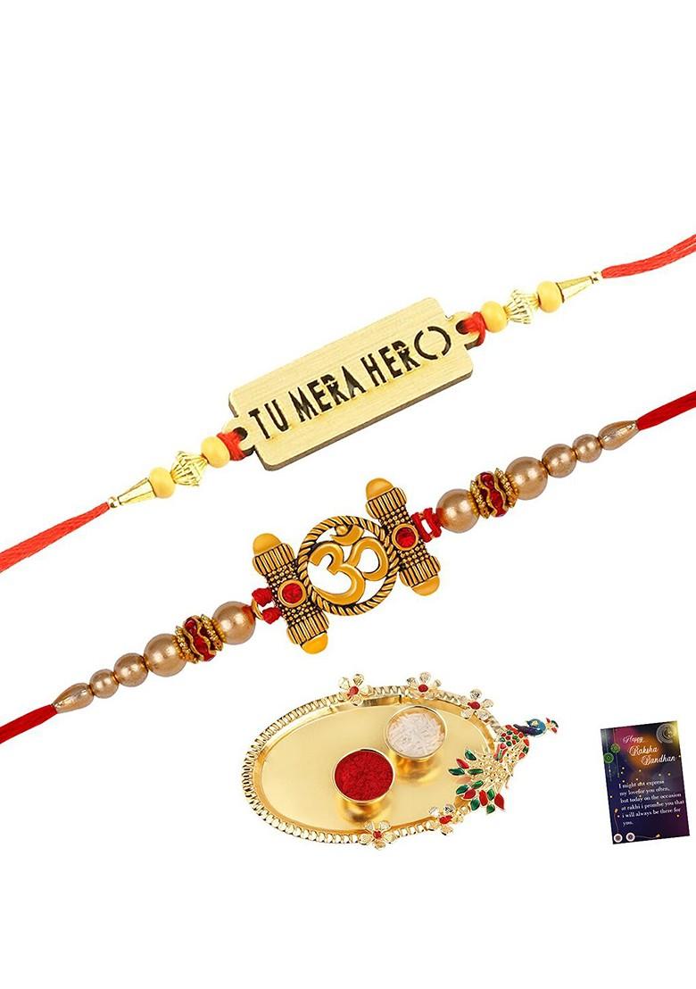 Unisex Set Of 2 Beaded Rakhi With Roli Chawal 1 Greeting Card And Pooja Thali