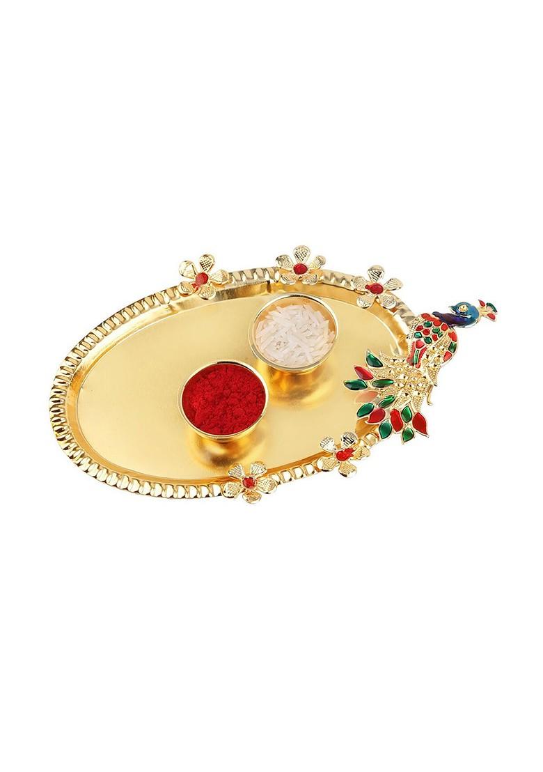 Unisex Set Of 2 Beaded Rakhi With Roli Chawal 1 Greeting Card And Pooja Thali