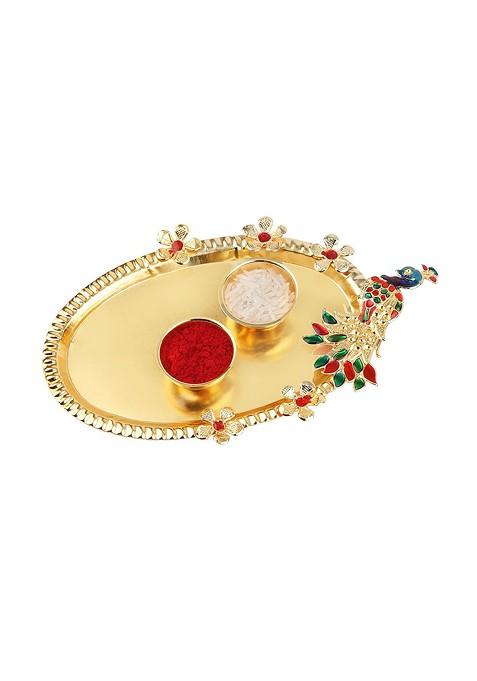 Unisex Set Of 2 Beaded Rakhi With Roli Chawal 1 Greeting Card And Pooja Thali