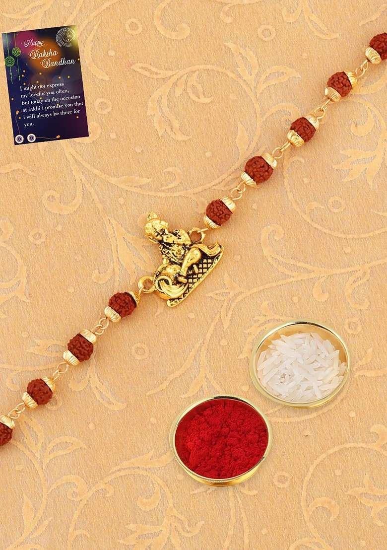 Set Of 2 Stone Studded And Beaded Rakhi With Roli Rice And Greeting Card - Indya