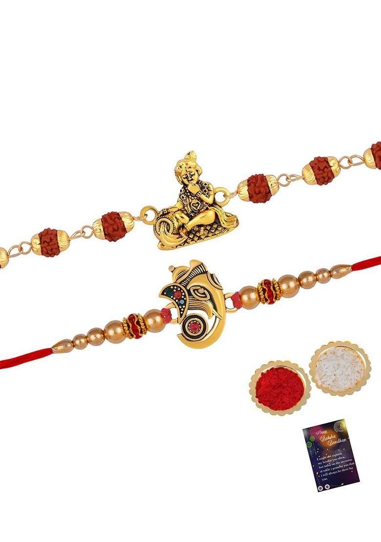 Set Of 2 Stone Studded And Beaded Rakhi With Roli Rice And Greeting Card - Indya