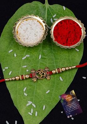 Set Of 2 Stone Studded And Beaded Rakhi With Roli Rice And Greeting Card