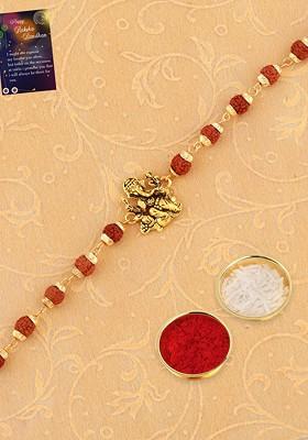 Unisex Set Of 2 Stone Studded And Beaded Rakhi With Roli Rice And Greeting Card