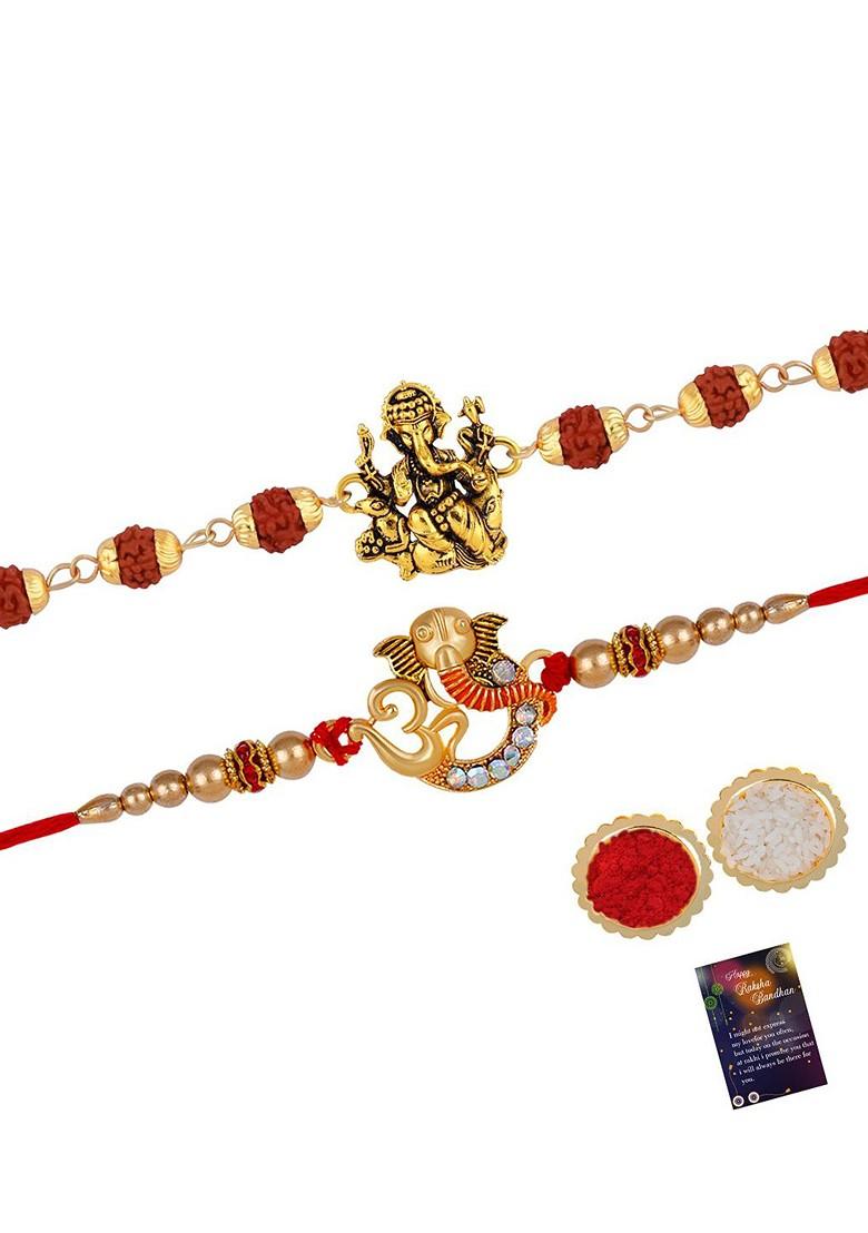 Unisex Set Of 2 Stone Studded And Beaded Rakhi With Roli Rice And Greeting Card