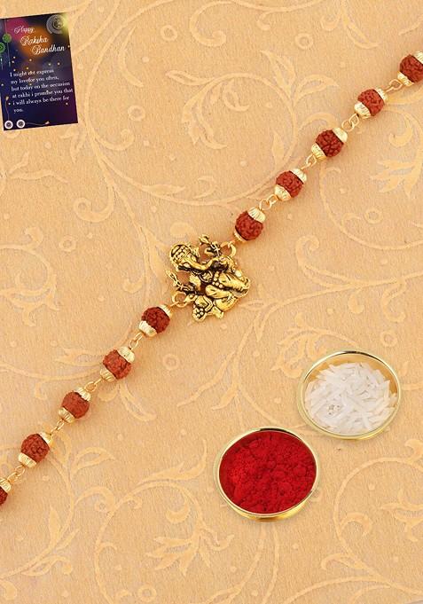 Unisex Set Of 2 Stone Studded And Beaded Rakhi With Roli Rice And Greeting Card