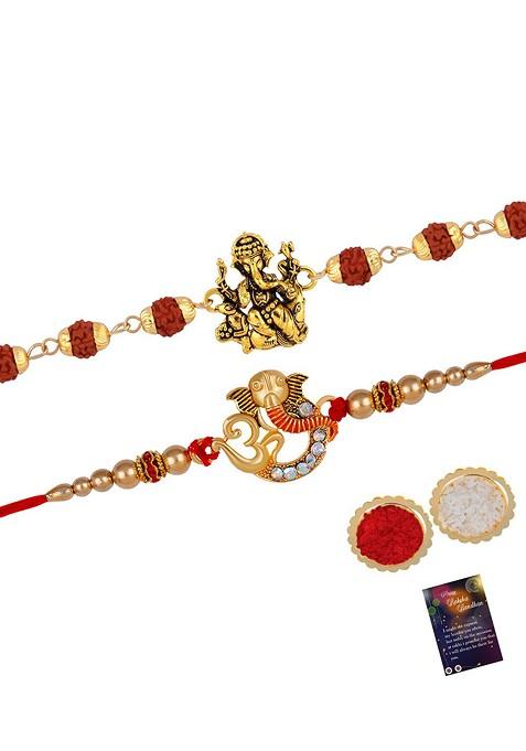 Unisex Set Of 2 Stone Studded And Beaded Rakhi With Roli Rice And Greeting Card