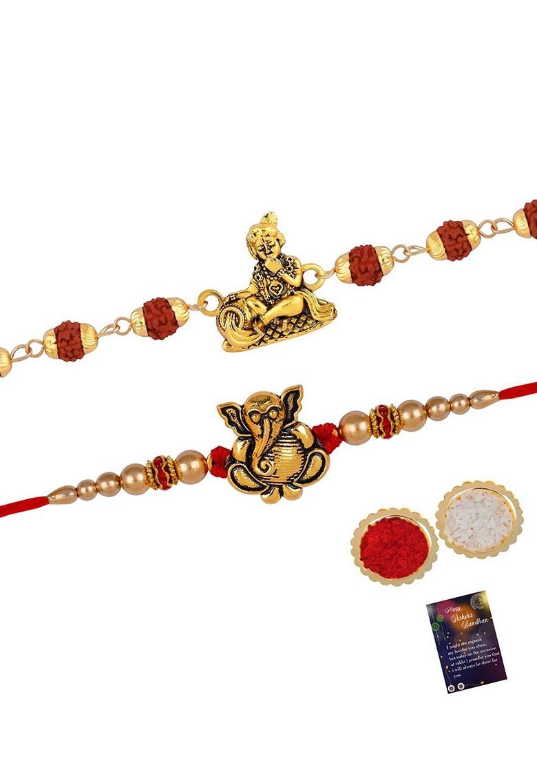 Unisex Set Of 2 Stone Studded And Beaded Rakhi With Roli Rice And Greeting Card