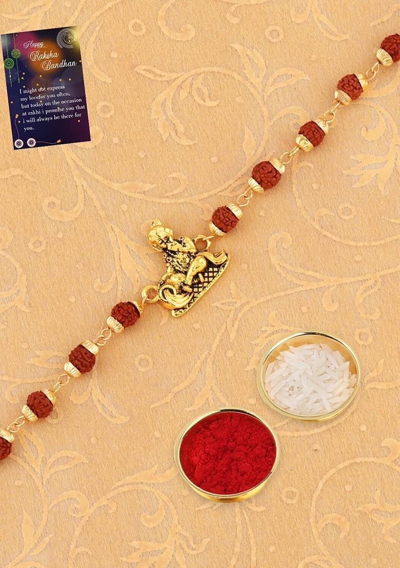 Unisex Set Of 2 Stone Studded And Beaded Rakhi With Roli Rice And Greeting Card
