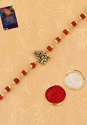 Unisex Set Of 2 Stone Studded And Beaded Rakhi With Roli Rice And Greeting Card