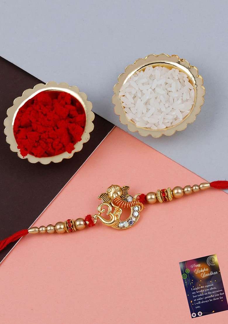 Set Of 2 Om Ganesh And Veera Charm Rakhi With Roli Chawal And Greeting Card - Indya