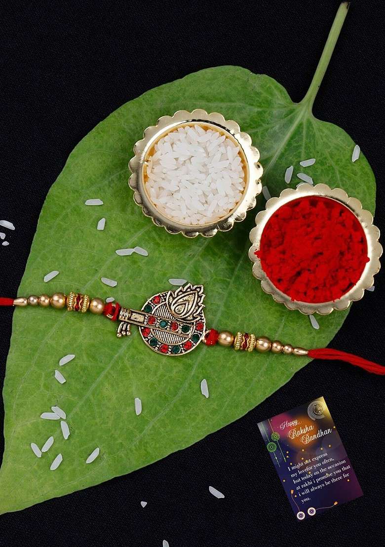 Set Of 2 Stone Studded And Beaded Rakhi With Roli Rice And Greeting Card - Indya