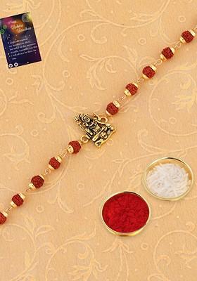Set Of 2 Stone Studded And Beaded Rakhi With Roli Rice And Greeting Card