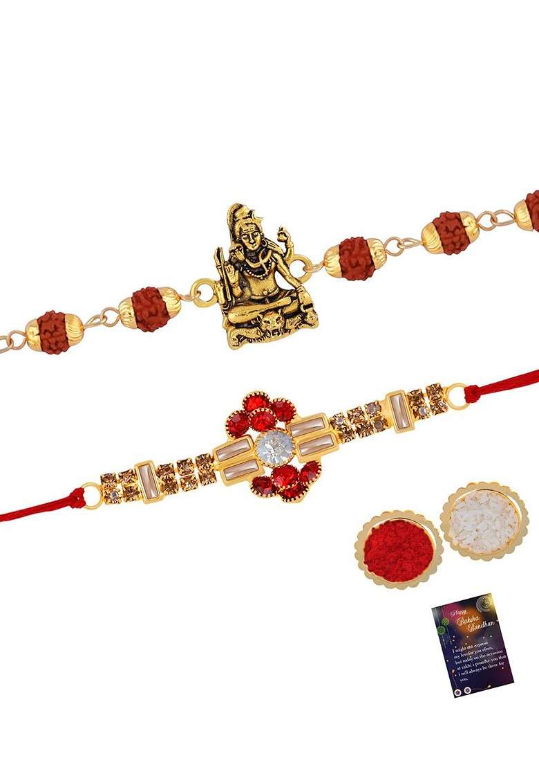 Set Of 2 Stone Studded And Beaded Rakhi With Roli Rice And Greeting Card - Indya