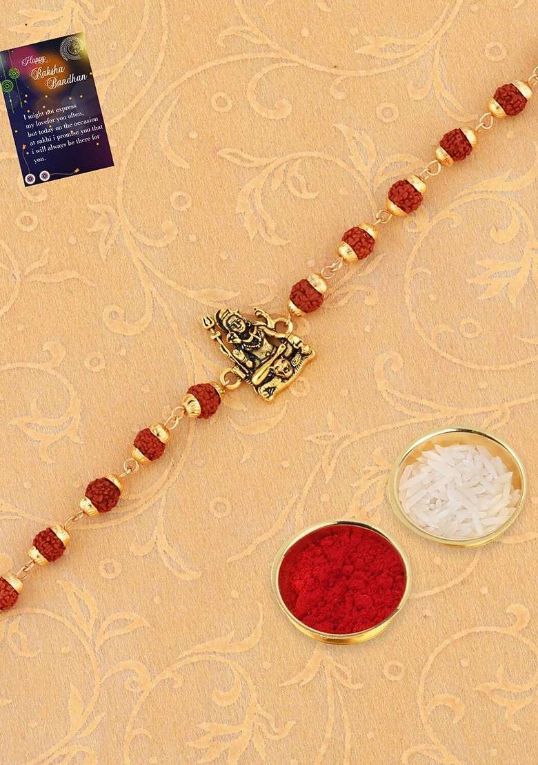 Set Of 2 Stone Studded And Beaded Rakhi With Roli Rice And Greeting Card - Indya