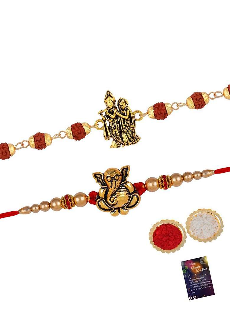 Unisex Set Of 2 Stone Studded And Beaded Rakhi With Roli Rice And Greeting Card - Indya