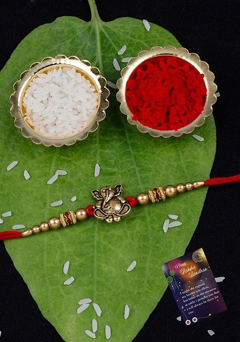 Unisex Set Of 2 Stone Studded And Beaded Rakhi With Roli Rice And Greeting Card
