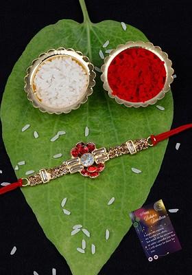 Unisex Set Of 2 Stone Studded And Beaded Rakhi With Roli Rice And Greeting Card