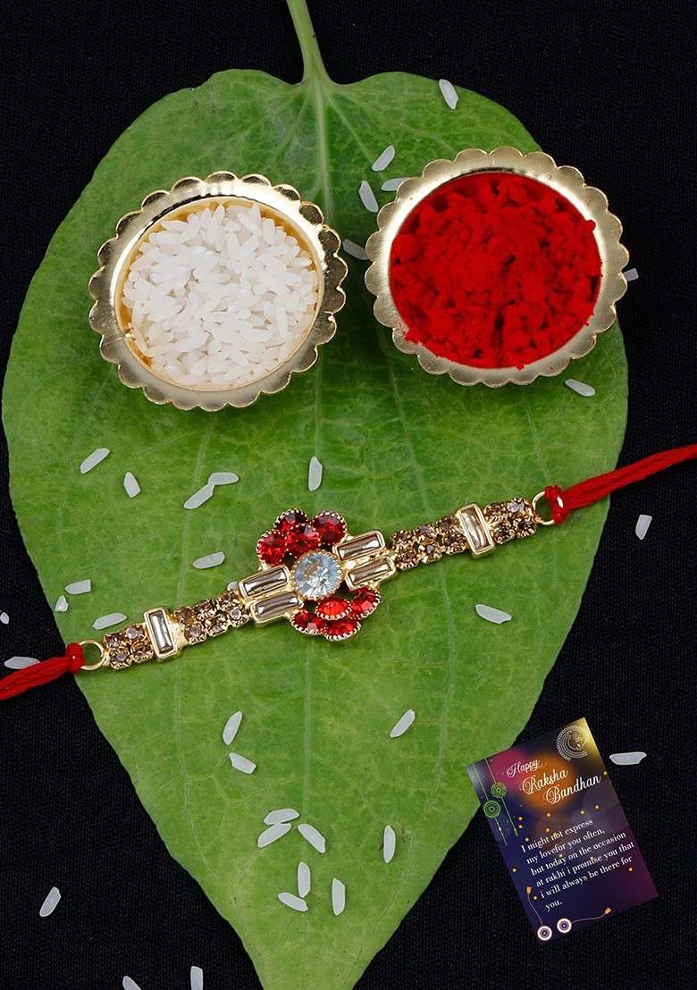 Unisex Set Of 2 Stone Studded And Beaded Rakhi With Roli Rice And Greeting Card - Indya