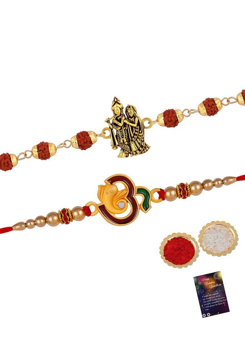 Unisex Set Of 2 Krishna With Radha And Om With Ganesha Charm Rakhi - Indya