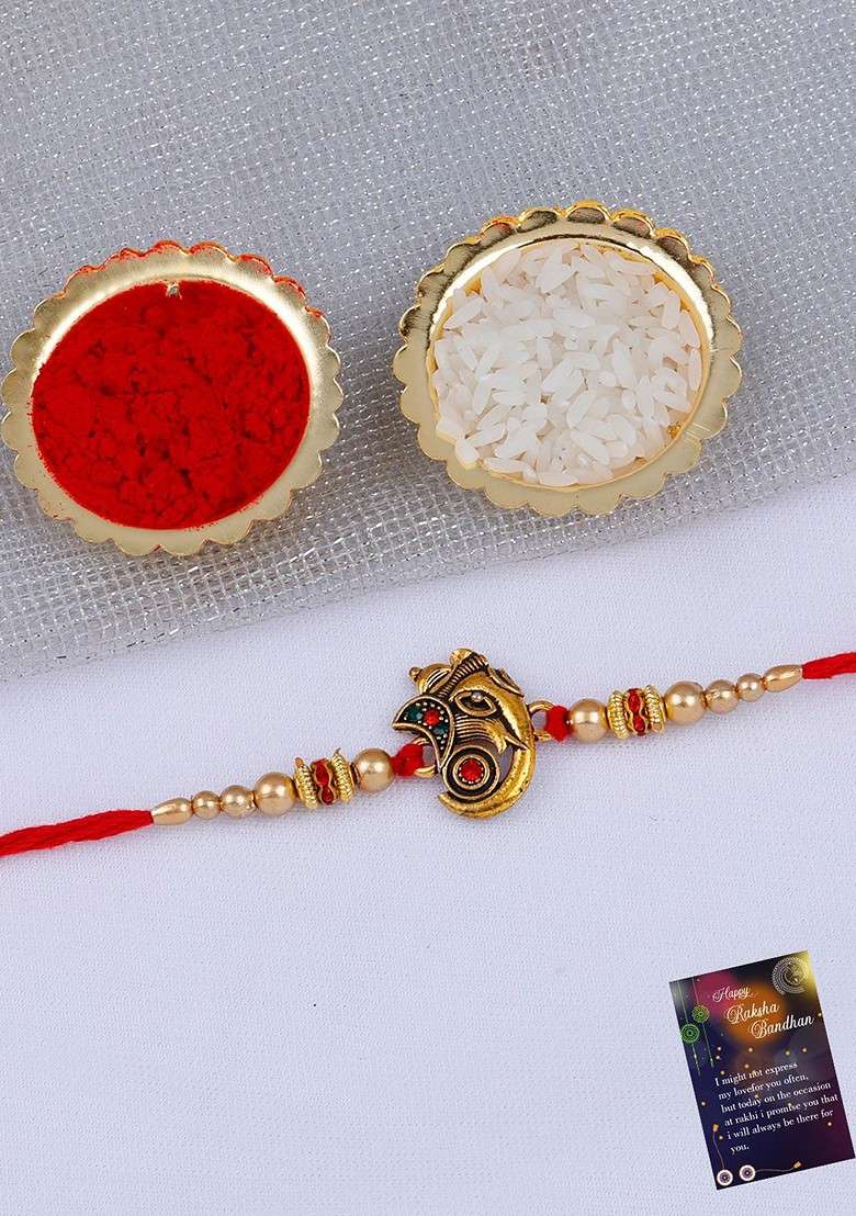 Unisex Set Of 2 Charm Studded Thread Rakhi With Greeting Card And Roli Chawal - Indya