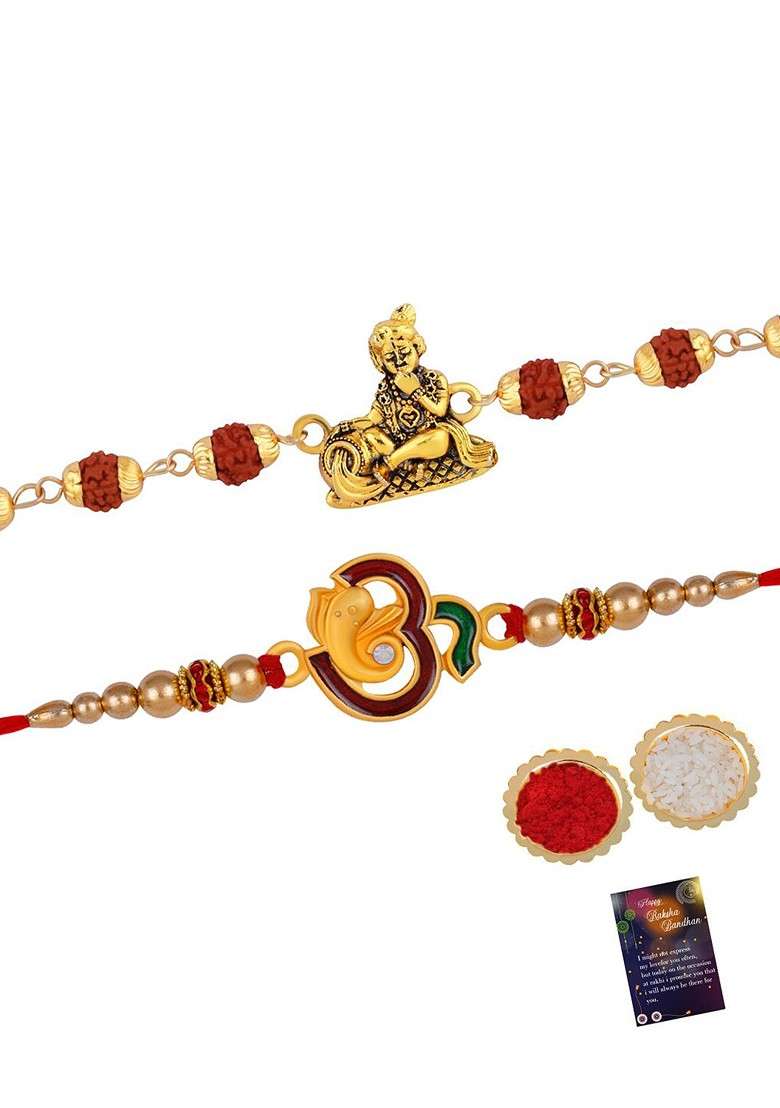 Unisex Set Of 2 Charm Studded Thread Rakhi With Greeting Card And Roli Chawal - Indya