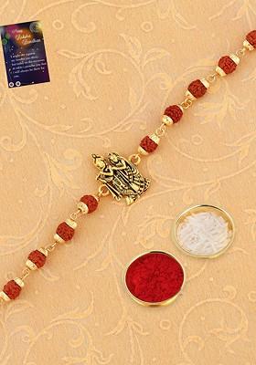 Unisex Set Of 2 Charm Studded Thread Rakhi With Greeting Card And Roli Chawal