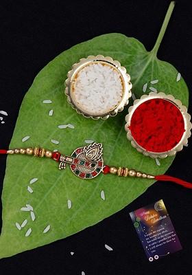 Unisex Set Of 2 Charm Studded Thread Rakhis With Greeting Card And Roli Chawal