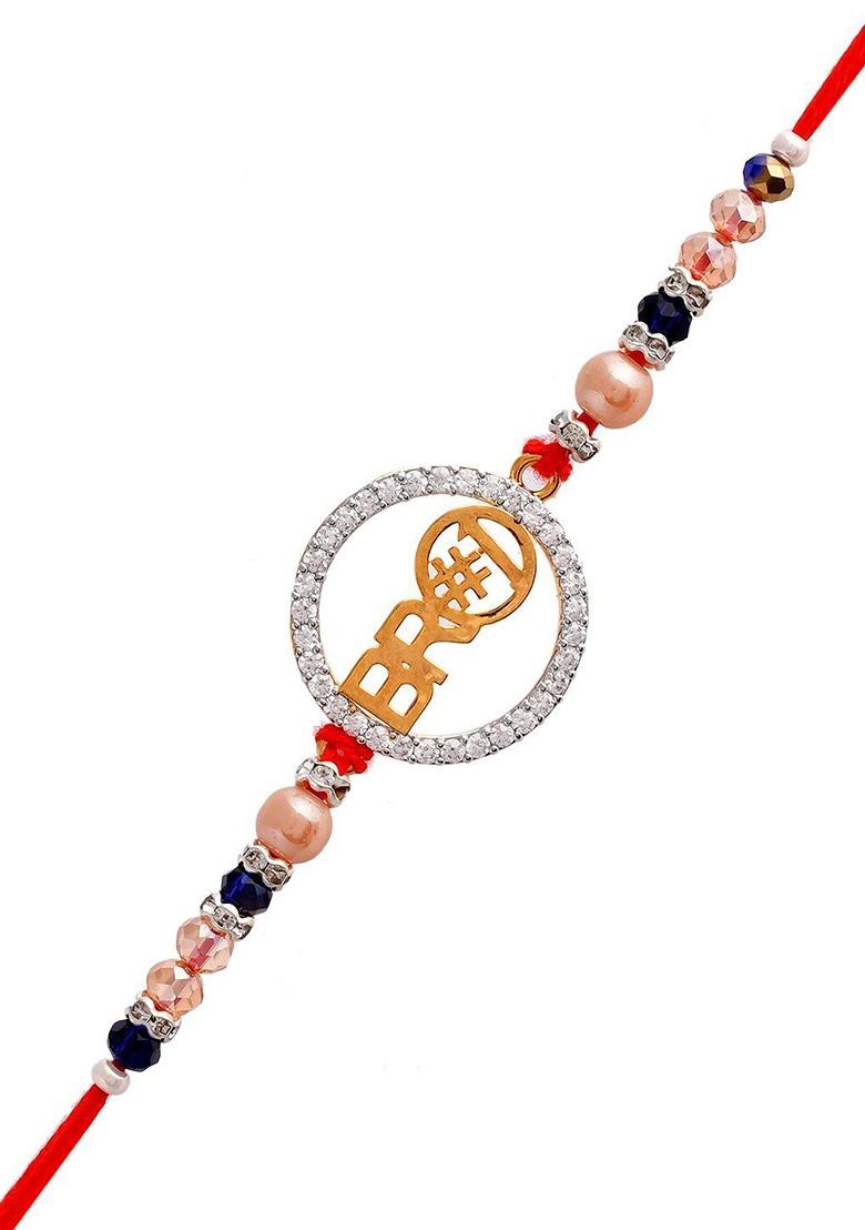 Bro Charm Studded Thread Rakhi With Roli Chawal And Greeting Card - Indya