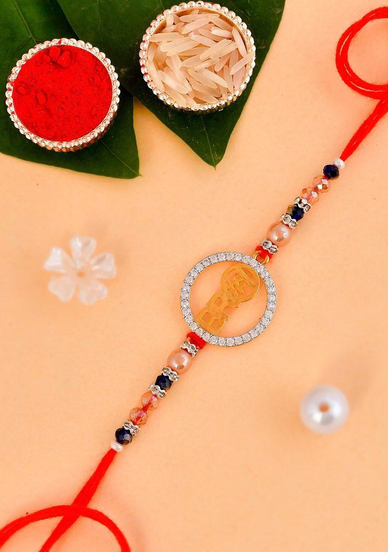 Bro Charm Studded Thread Rakhi With Roli Chawal And Greeting Card - Indya
