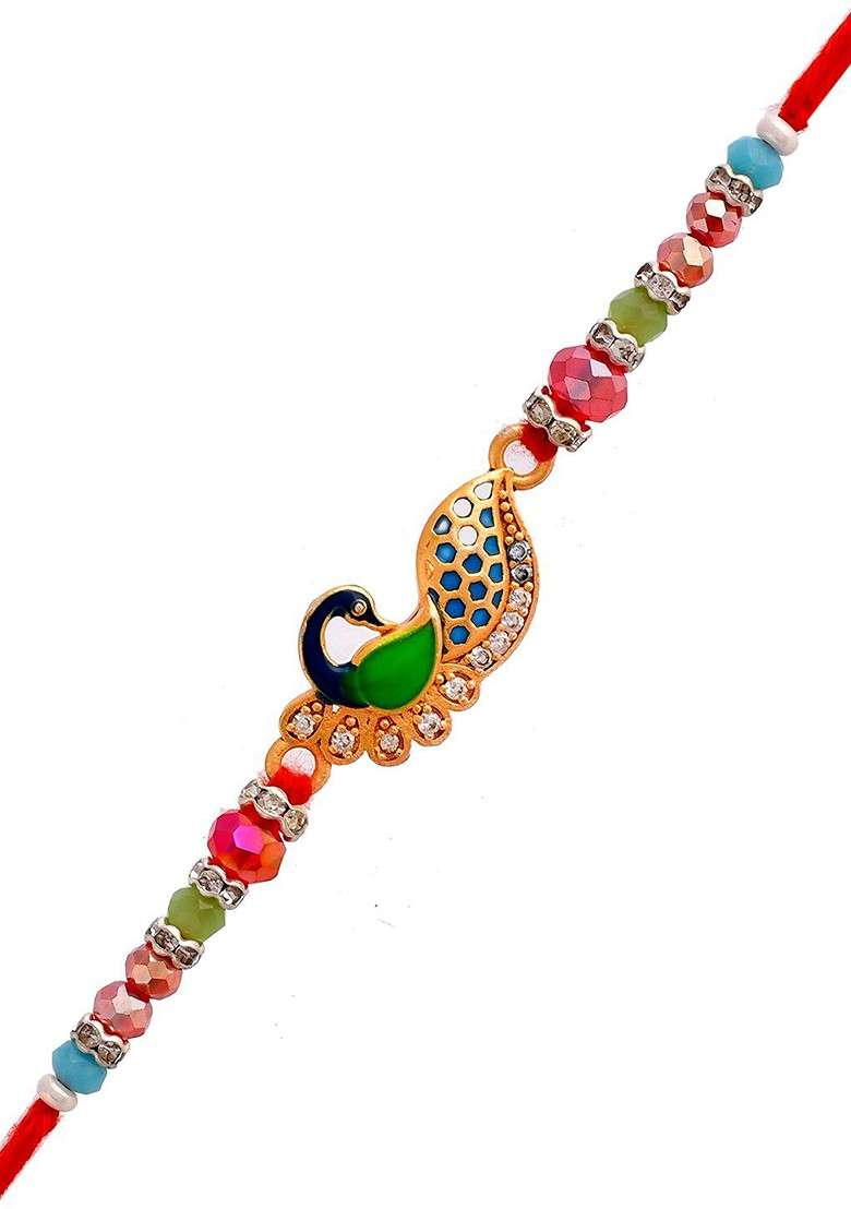 Unisex Peacock Charm Studded Thread Rakhi With Roli Chawal And Greeting Card - Indya