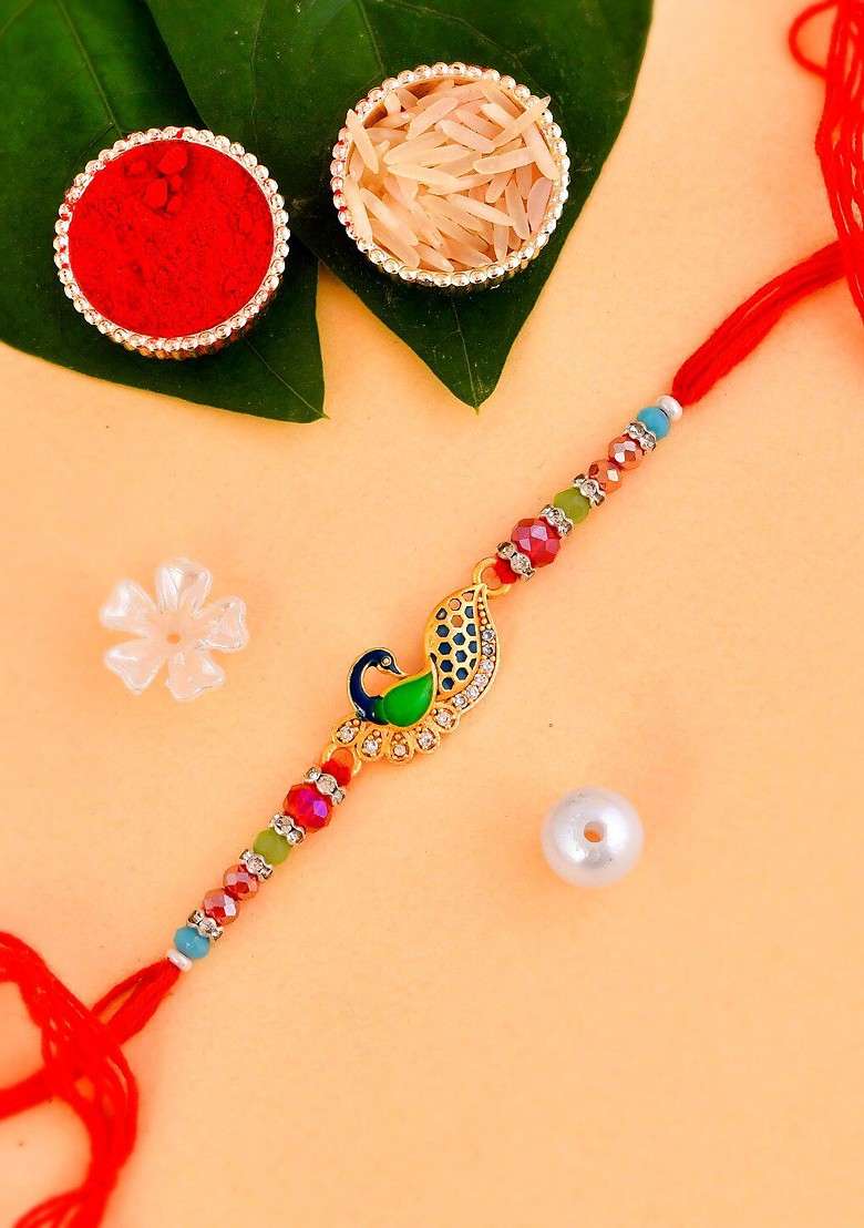 Unisex Peacock Charm Studded Thread Rakhi With Roli Chawal And Greeting Card - Indya