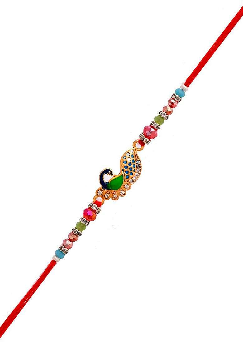 Unisex Peacock Charm Studded Thread Rakhi With Roli Chawal And Greeting Card - Indya
