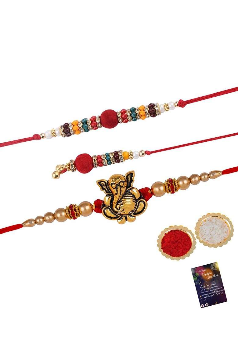 Unisex Set Of 2 Charm Detail Rakhis With Roli Chawal And 1 Greeting Card - Indya