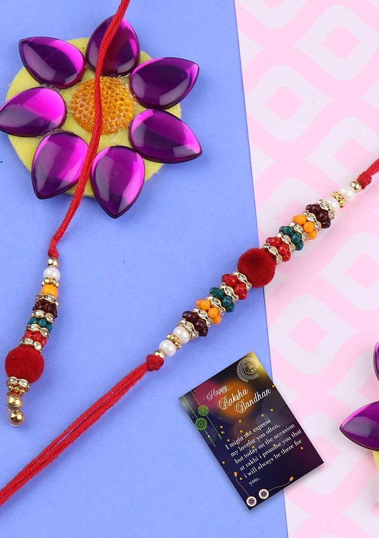 Unisex Set Of 2 Charm Detail Rakhis With Roli Chawal And 1 Greeting Card - Indya