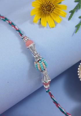 Beaded And Stone Studded Thread Rakhi With Roli Chawal And Greeting Card