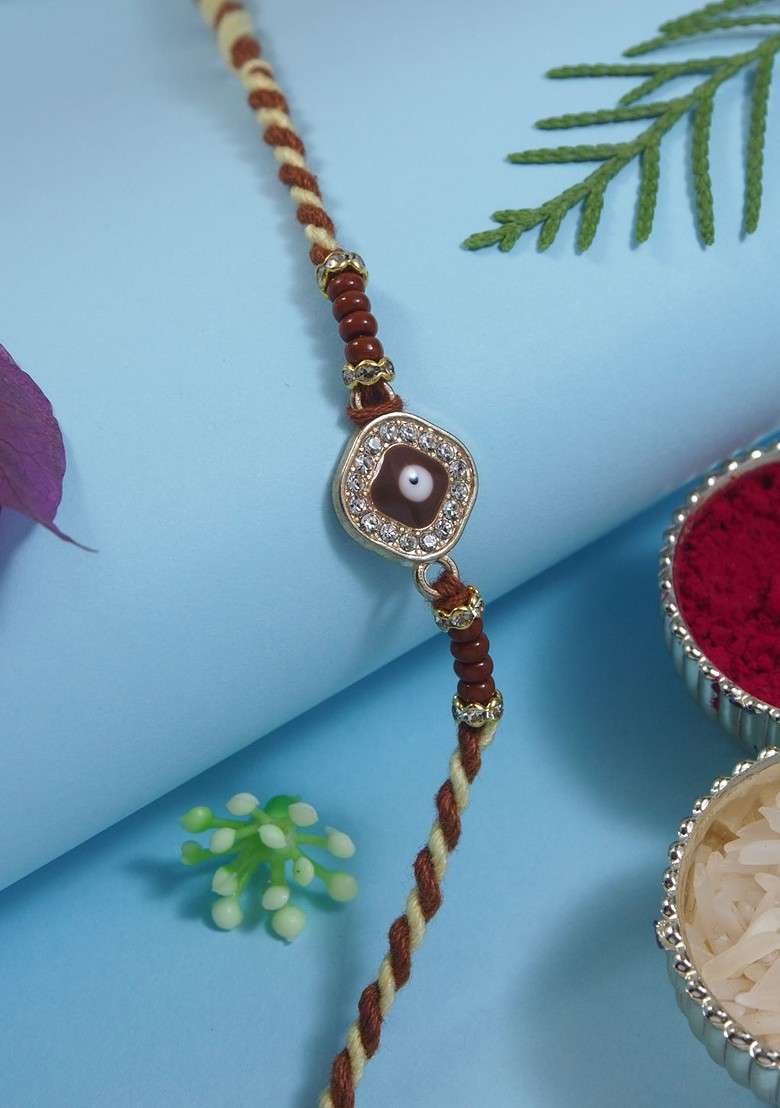 Enamel Evil Eye Thread Rakhi With Roli Chawal And Rakshabandhan Card - Indya