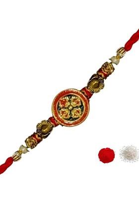 Floral Thread Rakhi With Roli Chawal And Greeting Card