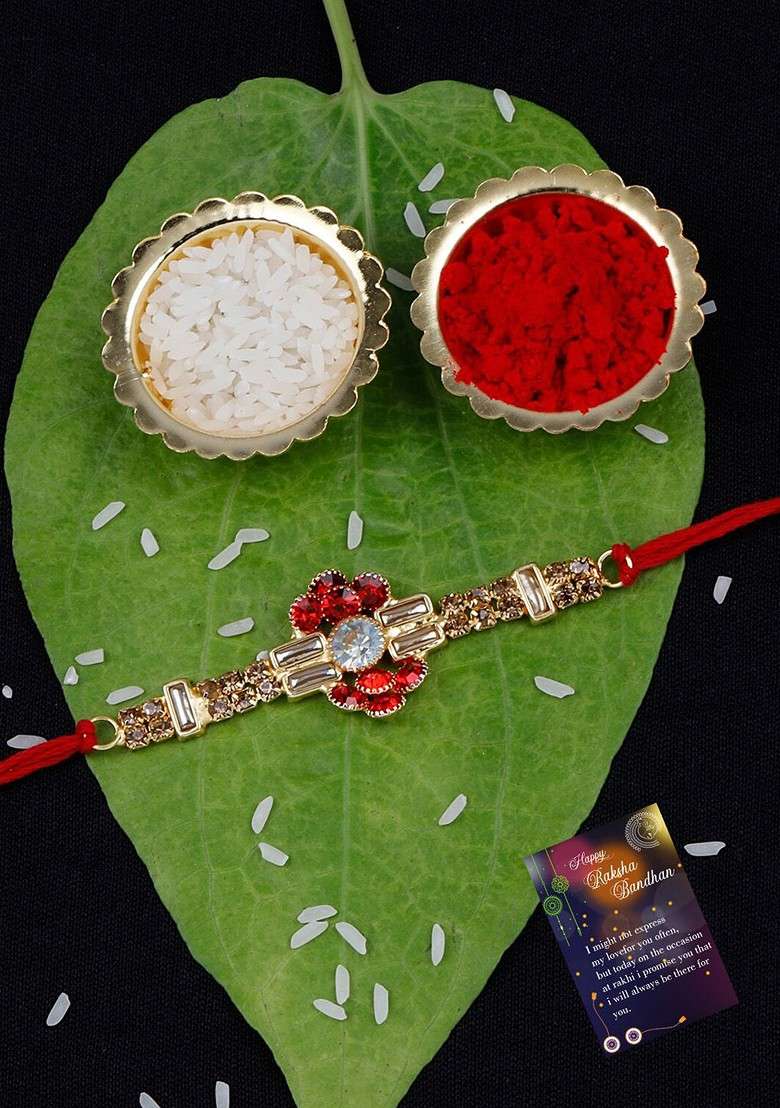 Set Of 2 Bhabhi Bhaiya Charm Detail Rakhis With Greeting Card And Roli Chawal - Indya