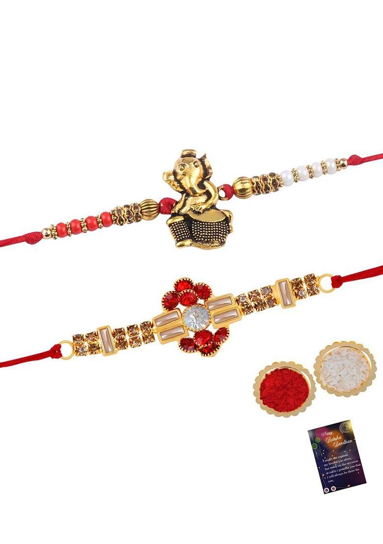 Set Of 2 Bhabhi Bhaiya Charm Detail Rakhis With Greeting Card And Roli Chawal - Indya