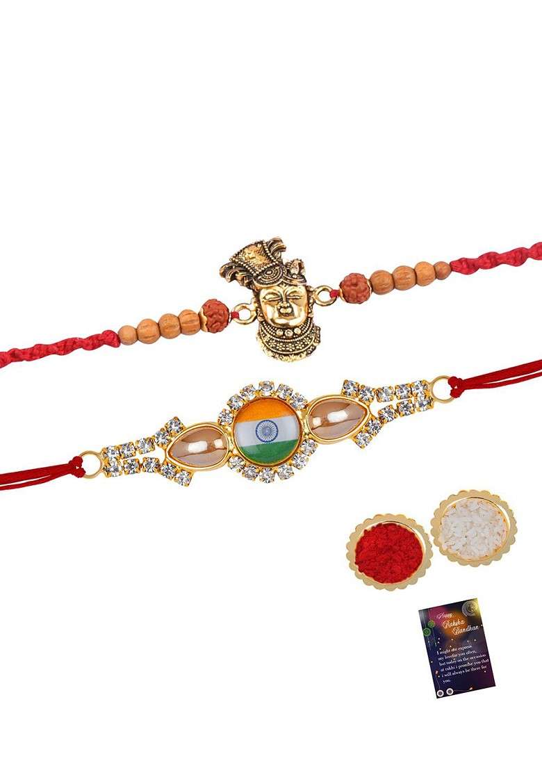 Set Of 2 Bhabhi Bhaiya Charm Detail Rakhis With Greeting Card And Roli Chawal - Indya