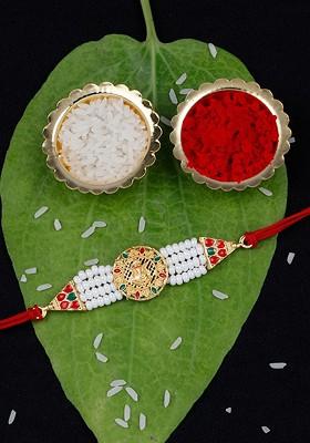 Unisex Set Of 2 Beaded Charm Rakhis And Roli Chawal And Greeting Card