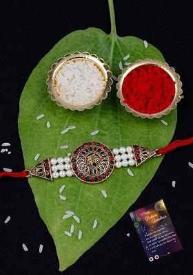 Set Of 2 Beaded Thread Rakhi With Greeting Card And Roli Chawal