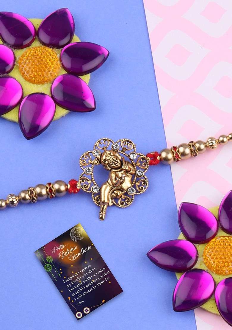 Set Of 2 Charm Detail Rakhis With Roli Chawal And 1 Greeting Card - Indya
