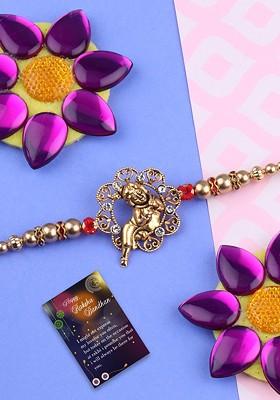 Set Of 2 Charm Studded Thread Rakhi With Greeting Card And Roli Chawal