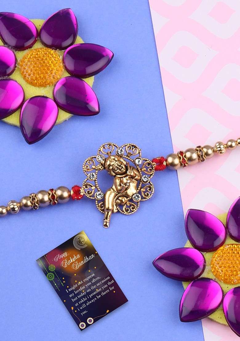 Set Of 2 Charm Studded Thread Rakhi With Greeting Card And Roli Chawal - Indya