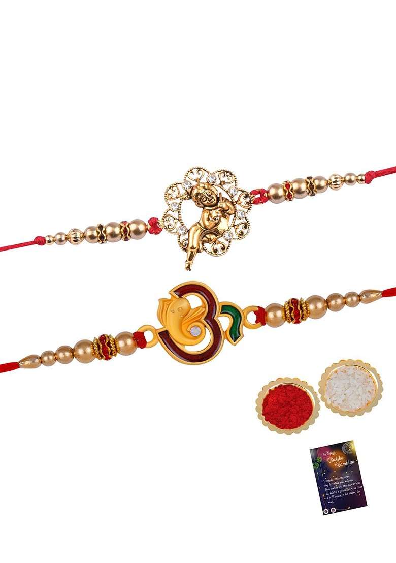 Set Of 2 Charm Studded Thread Rakhi With Greeting Card And Roli Chawal - Indya
