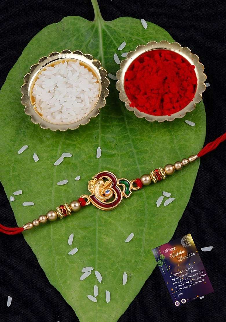 Set Of 2 Charm Studded Thread Rakhi With Greeting Card And Roli Chawal - Indya