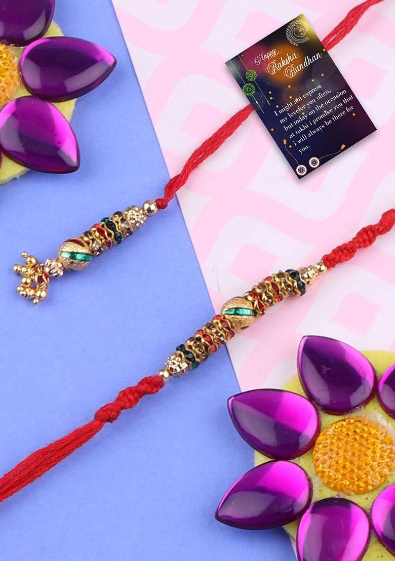 Set Of 2 Charm Detail Bhabhi Bhaiya Rakhis With Roli Chawal And 1 Greeting Card - Indya